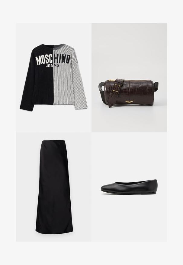 Neulepusero, jossa on jakautunut muotoilu mustassa ja harmaassa ribbimateriaalissa, ja jonka rintamuksessa on rohkea valkoinen teksti "MOSCHINO JEANS". Pyöreä kaula-aukko.; Norma Kamali BIAS OBIE SKIRT - Maksihame - black; Paul Smith TOPANGA - Ballerinat - black; Ruskea krokotiilinkuosilla varustettu nahkalaukku, jossa on sylinterimäinen muoto, kultasävyiset yksityiskohdat ja irrotettava hihna, jossa on niittejä.