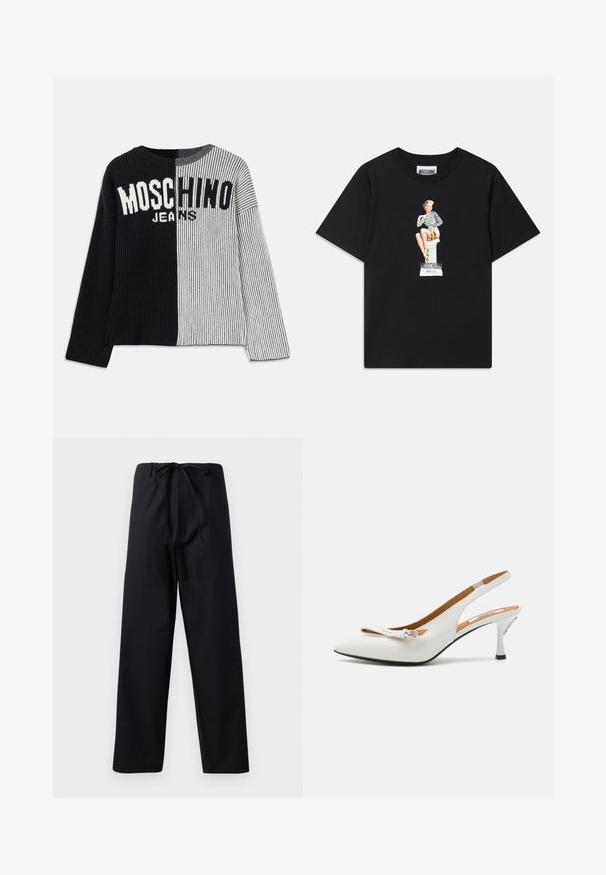 Pullover de malha com um design dividido em ribana preta e cinza, apresentando "MOSCHINO JEANS" em texto branco em destaque no peito. Decote redondo.; T-shirt de algodão preta com uma estampa de uma mulher vestindo uma blusa às riscas, sentada sobre um pedestal, com o texto "Moschino Jeans" abaixo.; Calças pretas de peso médio com cintura elástica, design de perna reta e sem padrões ou acentos visíveis. Textura suave.; MOSCHINO BUCKLED BOW - Saltos clássicos - bianco