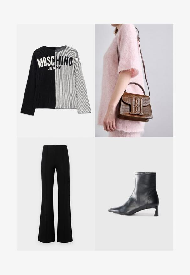 Megztinis su plyšiu juodos ir pilkos spalvos raukšlėmis, su užrašu „MOSCHINO JEANS“ ryškiu baltu tekstu per krūtinę. Apvalus iškirpimas.; Juodos plačios kelnės su aukštu liemeniu, pagamintos iš tamprios medžiagos. Priekinėje dalyje yra vertikalūs siūlų akcentai ir lygus paviršius.; Juodas odinis kulkšninis batas su smailiu pirštu ir elegantišku dizainu. Turi žemą kulną ir užtrauktuką gale. Lygi tekstūra.; Rudas krokodilo raštas rankinė su viršutine rankena ir pečių diržu. Išsiskiria ryškiu logotipu priekyje. Minkšta tekstūra.