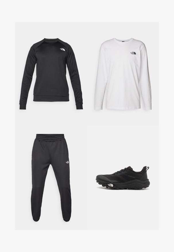 Felpa nera a maniche lunghe realizzata in tessuto morbido. Presenta un collo tondo, maniche raglan e un piccolo logo bianco sul petto.; T-shirt bianco a maniche lunghe in cotone con colletto rotondo. Presenta un piccolo logo nero sul petto. Texture liscia, vestibilità regolare.; Pantaloni sportivi neri con vita regolabile tramitecordino, vestibilità affusolata, polsini elasticizzati e un piccolo logo bianco sulla coscia sinistra, realizzati in tessuto morbido.; Scarpa da trail running nera con tomaia texture, suola in gomma e punta rinforzata. Presenta un collare imbottito e un tassello per un indossamento facile.