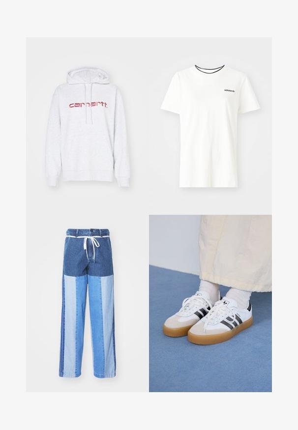 Svetlo siva kapuca iz mešanice bombaža z kenguru žepom, rebrastimi manšetami in izrazitim rdečim logotipom "carhartt." na sprednji strani.; Bela bomba majica iz bombaža s kratkimi rokavi in okroglim izrezom. Ima črni Adidas logotip na prsih ter kontrastni črni notranji ovratnik.; Modre jeans hlače s patchwork dizajnom v različnih odtenkih modre, vrvico za prilagajanje na pasu in ohlapnimi, ravnimi nogavicami.; Bele tene škornje s črnimi črtami in bež usnjenimi detajli. Imajo teksturirano gumijasto podplat in ravne bele vezalke, nosijo se z svetlimi nogavicami.