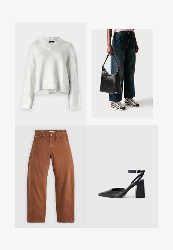 Sweater cropped branco com decote em V, bainha canelada e mangas longas. Feito de um material de malha texturizada e suave. Design simples e versátil.; Calças de ganga retas em tom de ferrugem com bolsos frontais e traseiros, rebites metálicos, fecho de botão e passadores de cinto, dispostas em plano sobre um fundo branco.; Sandal com biqueira afilada em couro preto, com cinta no tornozelo e salto grosso. Textura lisa, design elegante e estética minimalista.; Bolsa de ombro em couro preto com textura suave e alça ajustável, combinada com jeans de perna larga desbotados e ténis desportivos.