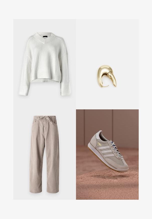 Weißer, gekürzter Pullover mit V-Ausschnitt, geripptem Saum und langen Ärmeln. Hergestellt aus einem weichen, strukturierten Strickmaterial. Einfaches und vielseitiges Design.; Beige Cordhosen mit lockerer Passform, ausgestattet mit einem Kordelzugbund, zwei Fronttaschen und vertikal geripptem Muster.; Beige Sneaker mit Obermaterial aus Wildleder und Mesh, weißen drei Streifen, brauner Gummisohle, blauen Schnürsenkeln und goldenem Akzentlogo. Klassisches Retro-Design.; Ohrringe aus goldfarbenem Metall mit einem schlanken, geschwungenen Design. Sie verfügen über eine markante, spitze Form, eine polierte Oberfläche und einen Scharnierverschluss.