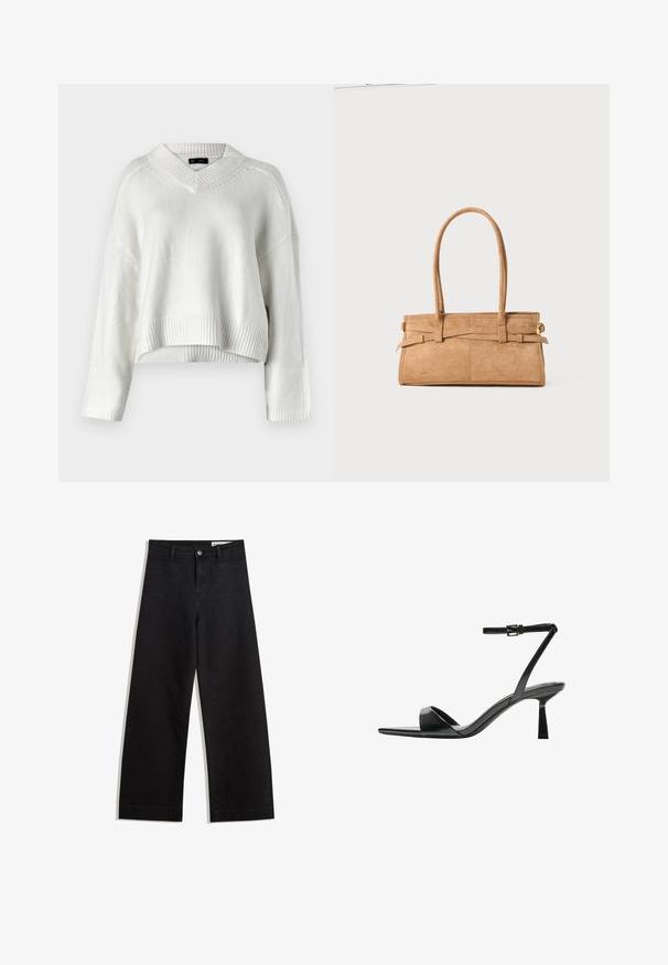 Maglione bianco corto con scollatura a V, orlo a coste e maniche lunghe. Realizzato in un morbido materiale a maglia testurizzato. Design semplice e versatile.; Pantaloni in denim neri a gamba larga con vita alta, dotati di tasche anteriori e posteriori, cuciture a punto, e chiusura con bottone. Texture liscia.; Bershka Sandali con tacco - black; Borsa in suede tan con due manici lunghi, forma rettangolare e cuciture decorative. Presenta una tracolla laterale e sottili dettagli in oro.