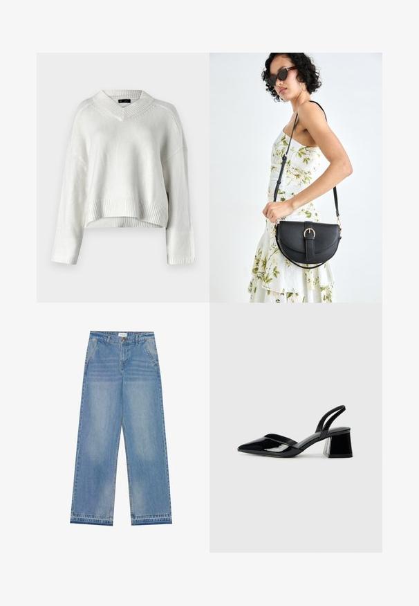 Bijeli skraćeni pulover s V-izrezom, rebrastim rubom i dugim rukavima. Napravljen od mekog, teksturiranog pletene materijala. Jednostavan i svestran dizajn.; Svijetloplava traperice visokog struka širokih nogavica s kopčanjem na gumb, prednjim džepovima, petljama za remen i suptilnim izblijedjelim detaljima.; Crne lakirane kožne sandale s otvorenom petom i špicastim vrhom, s geometrijskom blok petom. Imaju elegantan, minimalistički dizajn i glatku teksturu.; Crna kožna torba s lukovitim oblikom, odvojivim remenom i zlatnim detaljima. Torba ima preklop s kopčom.