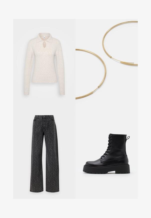 Hellbeige gestrickter Pullover mit einem Kragen, einem Schlüsselloch-Detail an der Brust und langen Ärmeln mit gerippten Bündchen.; Noisy May NMJANNEL LOOSE - Jeans Relaxed Fit - black denim; Schwarze Lederstiefeletten mit runder Zehenpartie, Schnürung vorne und einer dicken Gummisohle mit strukturiertem Profil. Mit Zugschlaufe an der Rückseite.; Goldfarbene Ohrringe in Form von dünnen, runden Kreolen, mit einer glatten, metallischen Oberfläche und ohne Verzierungen oder Muster.