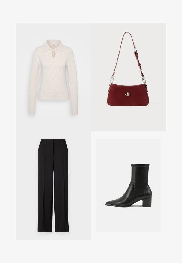 Gaišbeige adīts džemperis ar apkakles izgriezumu, atslēgas caurumu detaļu krūtīs un garām piedurknēm ar ribota apdari.; Melni bikses ar taisnu kāju dizainu, ar divām priekšējām krokām, vidukļa joslu un bez redzamām kabatām vai rotājumiem.; Melnas potītes zābaki, kas izgatavoti no gludas ādas, ar smailu purngalu, blokveida papēdi un izteiktu paceltu šuvumu augšējā malā.; Sarkans zamšs plecu soma ar izliekta formu. Iezīmēta ar sudraba toņa akcentu un regulējamu siksnu ar metāla detaļām. Gluda tekstūra.