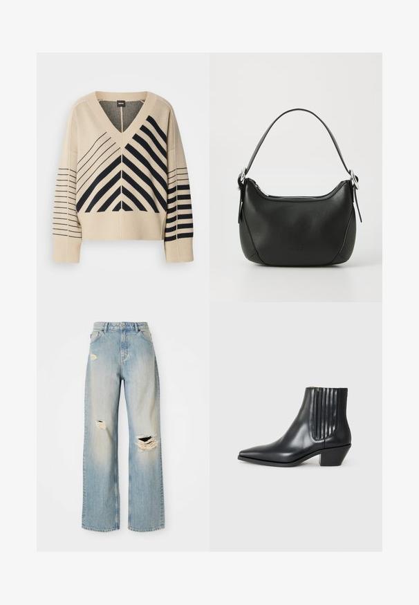 Pulover cu decolteu în V din tricot bej, cu dungi negre diagonale și orizontale, caracterizat prin mâneci largi și manșete ribbate. Etichetă de marcă: BOSS.; Jeans drepti de culoare albastru deschis, cu talie înaltă, bucle pentru curea și găuri uzate pe coapsa stângă, genunchiul drept și partea inferioară a piciorului stâng.; Cizme negre din piele, până la gleznă, cu vârful ascuțit, panouri elastice pe laterale cu striații verticale și toc mic, de tip bloc. Textură netedă și design elegant.; Geantă de mână din piele neagră cu o formă curbată, fermoar argintiu și o mânere scurtă. Previne un logo subtil pe față și o textură netedă.