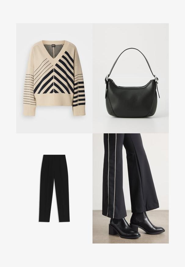 Beżowy sweter w splotem w kształcie litery V z czarnymi ukośnymi i poziomymi paskami, z szerokimi rękawami i prążkowanymi mankietami. Metka marki: BOSS.; Czarne spodnie o prostym kroju, z podwójnymi zakładkami, gładką teksturą i klasycznym krojem w talii. Bez widocznych elementów metalowych ani akcentów.; Czarne skórzane botki za kostkę na słupku, z elastycznymi panelami po bokach. Połączone z czarnymi spodniami z białym paskiem po boku.; Czarna skórzana torebka o zaokrąglonym kształcie, z srebrnym zamkiem błyskawicznym i krótkim uchwytem. Posiada subtelne logo z przodu i gładką teksturę.