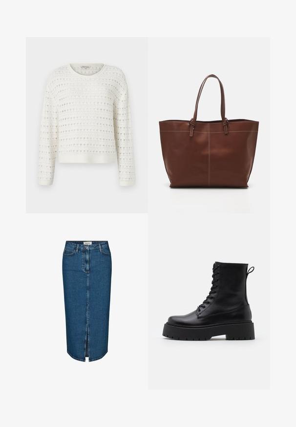 Hvit strikket genser med et teksturert mønster og åpen vev, rund hals og lange ermer. Ribbestrikket nederkant og ermer.; Mørkeblå denim blyantskjørt med frontslitt, fem lommer og kontraststing. Midjehøyde med klassisk design.; Sorte skinn ankelstøvler med rund tå, snøring foran og tykk gummisåle med teksturert mønster. Håndtak bak.; Brun lær tote bag med dobbelthåndtak, har kontraststing og en romslig design, egnet for daglig bruk.