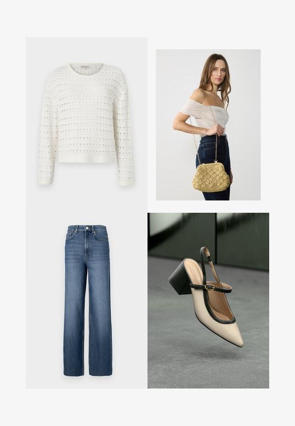 Witte gebreide trui met een textuuroppervlak met open geweven patroon, ronde halslijn en lange mouwen. Geribbelde onderkant en manchetten.; Blauwe denim jeans met een hoge taille en een wijde pijp. Voorzien van een klassiek vijf-pocket ontwerp en metalen knoopdetails.; Beige puntige slingback schoen met zwarte rand, gouden gesp en een chunky blokhak op een grijze vloer met een donker groene achtergrond.; Geweven rieten handtas in lichtbeige, met een gebogen vorm, sluiting met een knipsluiting en een gouden kettinghengsel. Ge profileerd oppervlak met een diamantpatroon.