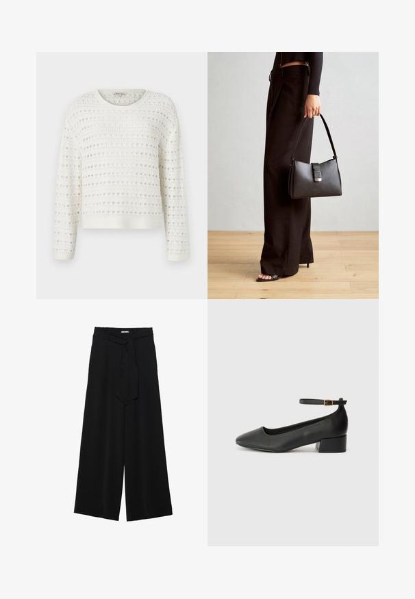 Maglione bianco lavorato a maglia con un motivo testurizzato e trame aperte, scollo rotondo e maniche lunghe. Orlo e polsini a costine.; Pantaloni neri a gamba larga caratterizzati da un tessuto testurizzato, una vita elastica e una cintura staccabile per una vestibilità regolabile.; Pump in pelle nera con punta affusolata e tacco basso a blocco. Presenta una cinghia alla caviglia con una fibbia in tonalità oro. Texture liscia.; Borsa nera con forma strutturata, texture liscia e una chiusura metallica. Abbinata a pantaloni neri larghi e sandali open-toe su un pavimento in legno.