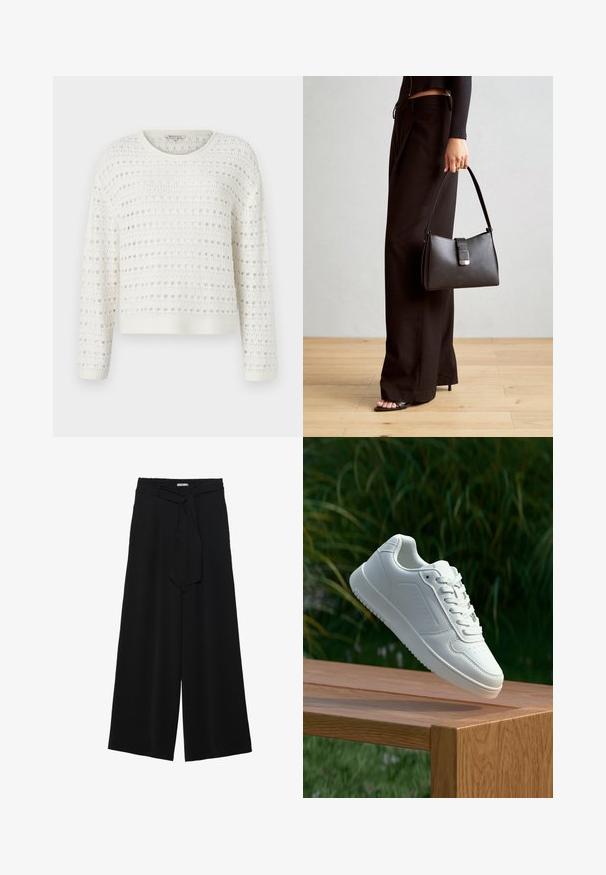 Witte gebreide trui met een textuuroppervlak met open geweven patroon, ronde halslijn en lange mouwen. Geribbelde onderkant en manchetten.; Zwarte wijde broek van textuurstof, met een elastische tailleband en een afneembare sjaalstrik in de taille voor een verstelbare pasvorm.; Witte sneaker met een gladde synthetische bovenkant, geperforeerde neus, platte veters en een gestructureerde zool, tentoongesteld op een houten oppervlak.; Zwarte handtas met gestructureerde vorm, gladde textuur en een metalen sluiting. Gecombineerd met brede zwarte broeken en sandalen met open teen op een houten vloer.
