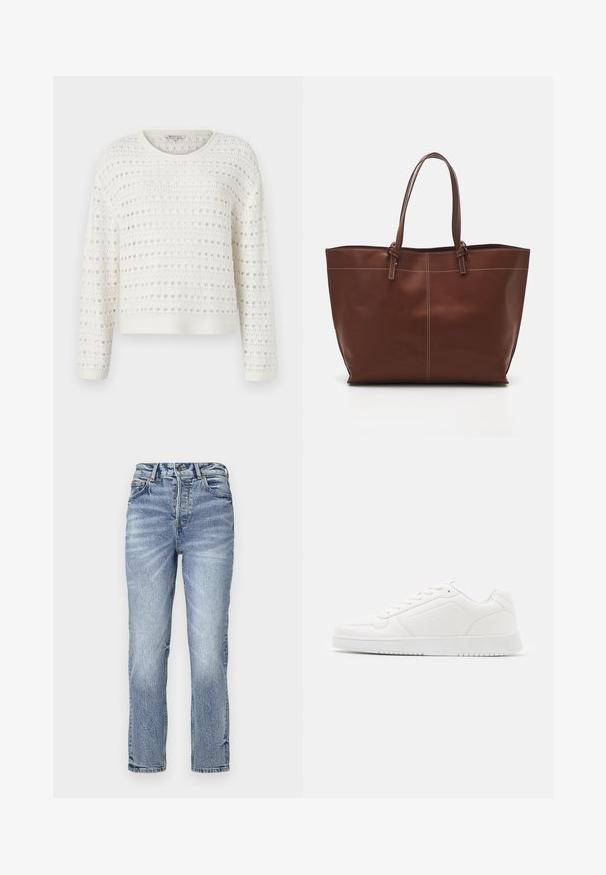 White knitted sweater featuring a textured pattern with open weave, round neckline, and long sleeves. Ribbed hem and cuffs.; Light blue denim jeans with a straight fit, high waist, faded texture, and five pockets. Features metal button and zipper closure.; White sneaker made of smooth synthetic material, featuring a rounded toe, lace-up design, flat sole, and subtle perforated detailing.; Brown leather tote bag with double handles, features contrast stitching and a spacious design, suitable for everyday use.