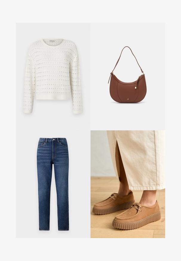 White knitted sweater featuring a textured pattern with open weave, round neckline, and long sleeves. Ribbed hem and cuffs.; High-waisted blue denim jeans with a straight leg, featuring subtle whiskering, single-button closure, and five-pocket design.; Tan leather shoes with a textured surface, round toe, and thick, ridged soles. Laces and stitching detail enhance the design.; Brown faux leather shoulder bag with curved shape, minimal stitching, and a gold-tone hardware accent. Features a top zipper closure and adjustable strap.
