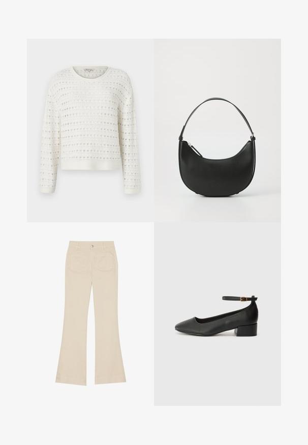 Valkoinen neulottu villapaita, jossa on tekstuuri ja avopitsi, pyöreä kaula-aukko ja pitkät hihat. Ribbaus helmoissa ja hihoissa.; Beige leveled pants dengan pinggang tinggi, terbuat dari kain katun. Memiliki saku depan dan belakang, loop sabuk, dan satu kancing perak.; Mustat nahkakengät, joissa on terävä kärki ja matala lohkare korko. Varustettu nilkkahihnalla, jossa on kultasävyinen solki. Lisää sileä pinta.; Musta nahkainen olkalaukku, jossa on kaareva muoto, kapea kahva ja vetoketjukiinnitys. Ominaisuuksiin kuuluu sileä pinta ja hillitty logo.
