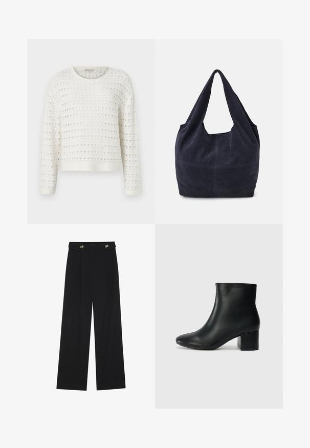 Hvid strikket sweater med et struktureret mønster og åbent væv, rund halsudskæring og lange ærmer. Ribbet kant og manchetter.; Sorte vide bukser med høj talje, knapdetaljer på taljebåndet og frontfald.; Sorte læder ankelstøvler med spids tå og en kraftig hæl. Glat tekstur med minimale detaljer og et slankt, tætsiddende design.; Marineblå ruskinds taske med en afslappet design, brede skulderremme og synlige syninger på kroppen.