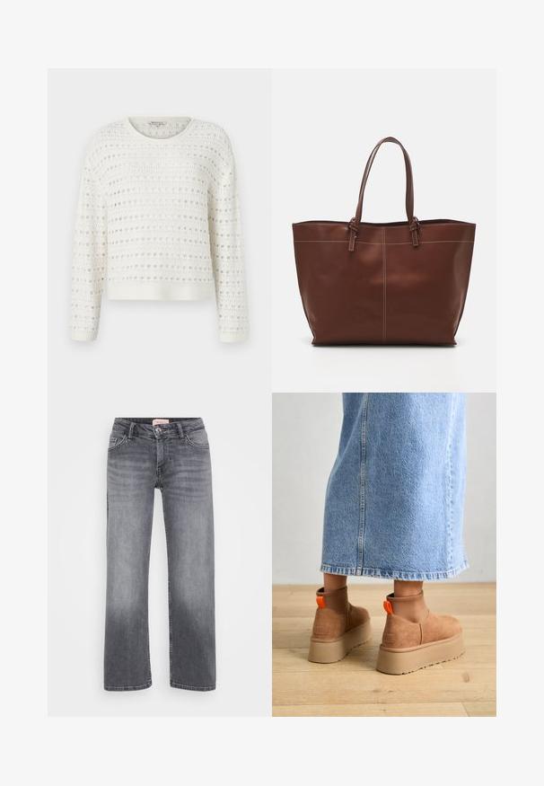 Bílý pletený svetr s texturovaným vzorem a otevřeným úpletem, kulatým výstřihem a dlouhými rukávy. Žebrovaný lem a manžety.; Šedé džíny z denimu se středně širokým střihem, stylem s pěti kapsami, jemným vyblednutím a zapínáním na knoflík v pase.; Hnědé semišové platformové boty s elastickými bočními panely a oranžovými poutky, spárované s sukní z jasného denimu ke kolenům na dřevěné podlaze.; Hnědá kožená taška přes rameno s dvojitými uchy, s kontrastním prošíváním a prostorným designem, vhodná pro každodenní použití.