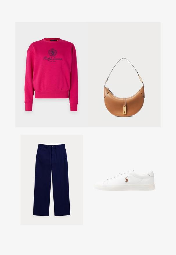 Polo Ralph Lauren STANDARD LONG SLEEVE - Sudadera - pink sky; Pantalones rectos de color azul marino con lazos para cinturón, cierre frontal con botón y bolsillos laterales, dispuestos sobre un fondo blanco.; Zapatillas de cuero blancas, diseño de corte bajo, con una textura suave, puntera redonda, cordones en la parte delantera y un pequeño logo bordado en el lateral.; Bolso de cuero color tan con forma curva, hardware dorado y una correa delgada para el hombro. Presenta un cierre de cremallera y un detalle del logo en la parte frontal.