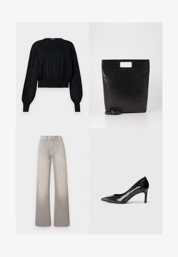 Svart kort topp med rund halsringning, puffärmar i lång modell och ribbad avslutning. Har ett tajt elastiskt midjeband och genomskinliga sidopaneler.; Grå vidbenade jeans med en blekt finish, knappstängning, femficksdesign och sömnad detaljer längs sömmarna.; Svarta spetsiga högklackade skor med glansig yta och subtilt mönster. Har en måttlig klack och öppen halsdesign.; Svart läder tote-väska med ett fyrkantigt handtag, med en texturerad yta och präglad logotyp. Inkluderar en avtagbar rem.