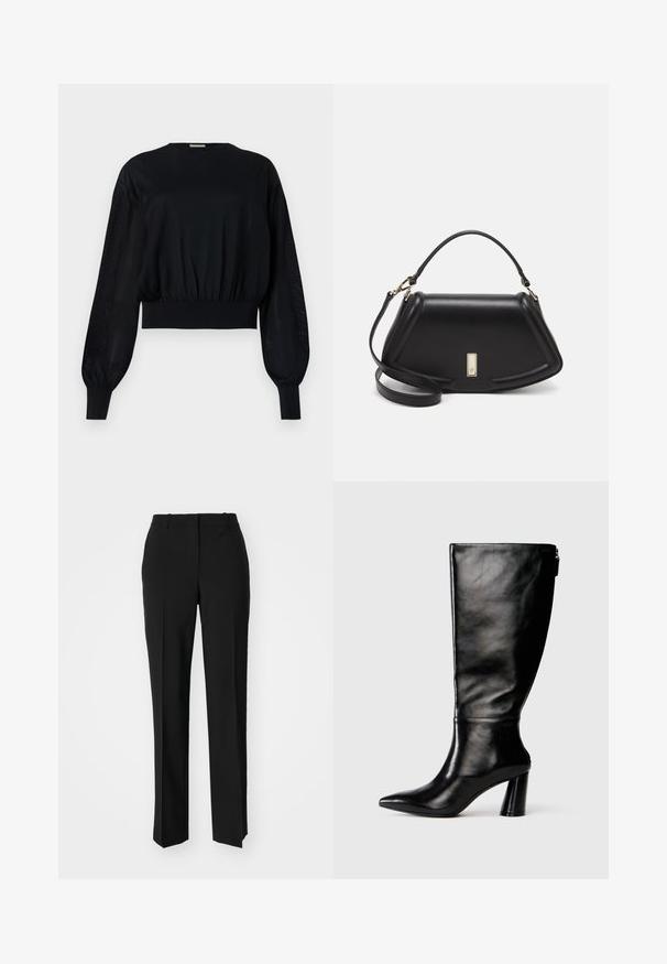 Schwarze, cropped Bluse mit rundem Ausschnitt, puffierten langen Ärmeln und gerippten Bündchen. Sie verfügt über einen engen, elastischen Taillenbund und durchsichtige seitliche Einsätze.; Schwarze, taillierte Hose mit geradem Bein, aus einem glatten Stoff und mit klaren Falten an der Vorderseite. Keine sichtbare Hardware.; Knöchelhohe schwarze Lederstiefel mit einer spitzen Zehe, glatter Oberfläche und einem klobigen Absatz. Verfügt über einen Reißverschluss hinten.; Schwarze Lederhandtasche mit einem strukturierten Design, das eine verkürzte Form, einen oberen Griff und goldfarbene Hardware-Details aufweist. Verstellbarer Schulterriemen ist enthalten.