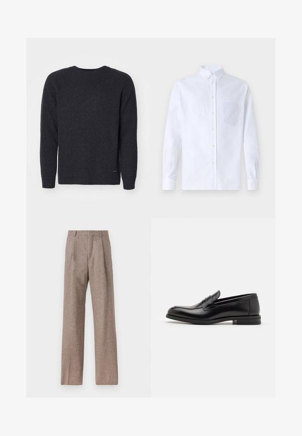 Tummanharmaa neulepaita, jossa on pyöreä kaula-aukko, pitkät hihat ja resorit. Tasainen pinta, jossa on hienovarainen logo vasemmassa alareunassa.; Valkoinen pitkähihaista napillista paitaa, joka on valmistettu puuvillasta. Paita sisältää rinnan kohdalla taskun, jossa on samaa sävyä oleva brodeeraus, kauluksen sekä napilliset hihansuut.; Ruskejat, korkeavyötäröiset housut, jotka on valmistettu teksturoidusta kankaasta. Ominaisuuksina ovat leveät lahkeet ja kaksi etupuolelle ommeltua laskosta rakenteen tukemiseksi. Siisti viimeistely ilman näkyvää metalliosaa.; Mustat nahkakengät, joissa on sileä pinta, pyöreä kärki ja koristeellinen nauha jalkapöydän yli. Matala pinoitu koroke, minimalistinen muotoilu.