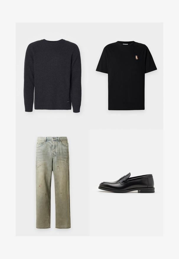 Tamsiai pilkas megztinis su apvalia iškirpte, ilgomis rankovėmis ir raštuotais rankogaliais. Lygus paviršius su subtiliu logotipo akcentu apačioje kairėje.; Juoda trumpomis rankovėmis apvalaus kaklo marškinėliai su maža išsiuvinėta oranžine lapės logo kairėje krūtinės pusėje.; Šviesiai žaliai nuvarytos džinsinės kelnes, su tiesiomis kojomis, penkių kišenių dizainu, nelygiai blukščiantis ir su dažų lašeliais.; Juodos odinės loafers, turinčios lygų paviršių, apvalią noselę ir dekoratyvinę juostą per priekinę dalį. Žemas krentantis kulnas, minimalistinis dizainas.