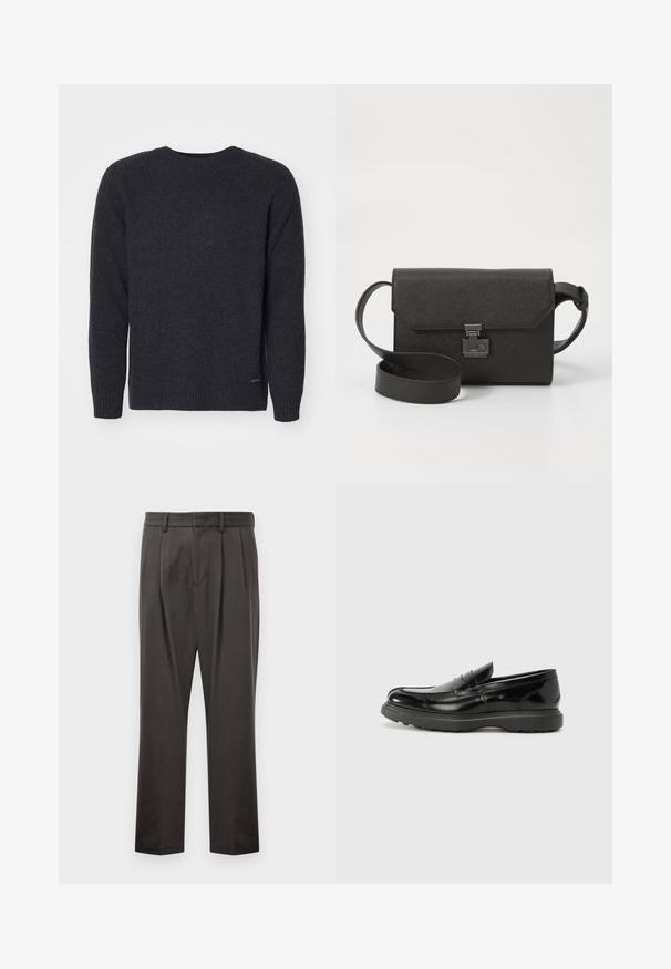 Tamsiai pilkas megztinis su apvalia iškirpte, ilgomis rankovėmis ir raštuotais rankogaliais. Lygus paviršius su subtiliu logotipo akcentu apačioje kairėje.; Tamsiai pilki kelnės, pagamintos iš tekstūruoto audinio, su plokščiu priekiniu pjūviu, klostėmis, tiesiomis kojomis ir diržo kilputėmis. Matomų metalinių detalių ar raštų nėra.; Juodas odinis loaferis su blizgiu paviršiumi, apvaliu pirštu, subtiliais siūlių detalėmis ir storu guminio pado, užtikrinančio ilgaamžiškumą.; Juodas odinis kryžminis krepšys su tekstūruotu paviršiumi, užsegimas ant atverčiamos dangtelio, metalinėmis detalėmis ir priderintu reguliuojamu dirželiu.