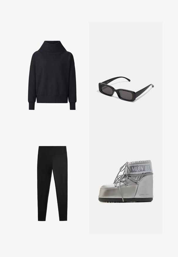 Hanorac supradimensionat de culoare gri închis, cu guler înalt, mâneci lungi și manșete ribbate. Fabricat dintr-un material moale, texturat.; Colanți negri realizați dintr-un material neted și elastic. Prezintă o talie lată și un design cu picioare conice, potriviți pentru activități sportive sau purtat casual.; Ghetele argintii impermeabile au o formă rotundă, cu un finisaj texturat și șireturi gri. Prezintă un logo proeminent "MOON BOOT" în partea superioară.; Ochelari de soare negri, cu ramă rectangulară, lentile întunecate, finisaj lucios, brațe late și un design masiv. Numele mărcii gravat pe una dintre brațe.