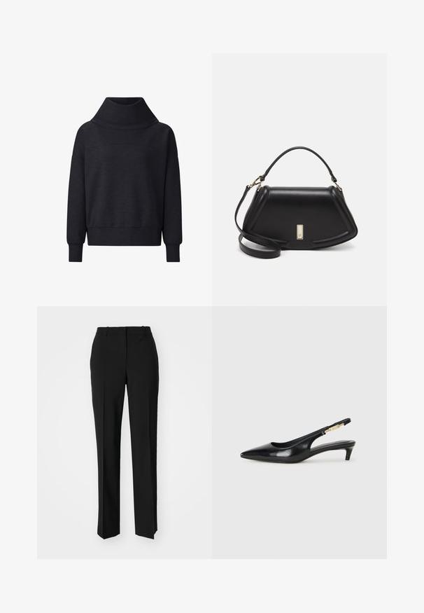 Sudadera de gran tamaño en gris oscuro con un alto cuello, mangas largas y puños acanalados. Fabricada en un tejido suave y texturizado.; Pantalones negros ajustados con un diseño de pierna recta, que presentan una textura suave y pliegues nítidos en el frente. Sin herrajes visibles.; Tacones negros de piel sintética tipo slingback con punta afilada, que cuentan con un tacón delgado y un detalle en tono dorado en la correa ajustable. Textura suave.; Bolso de mano de cuero negro con un diseño estructurado, que presenta una forma recortada, asa superior y acentos en dorado. Correa de hombro ajustable incluida.
