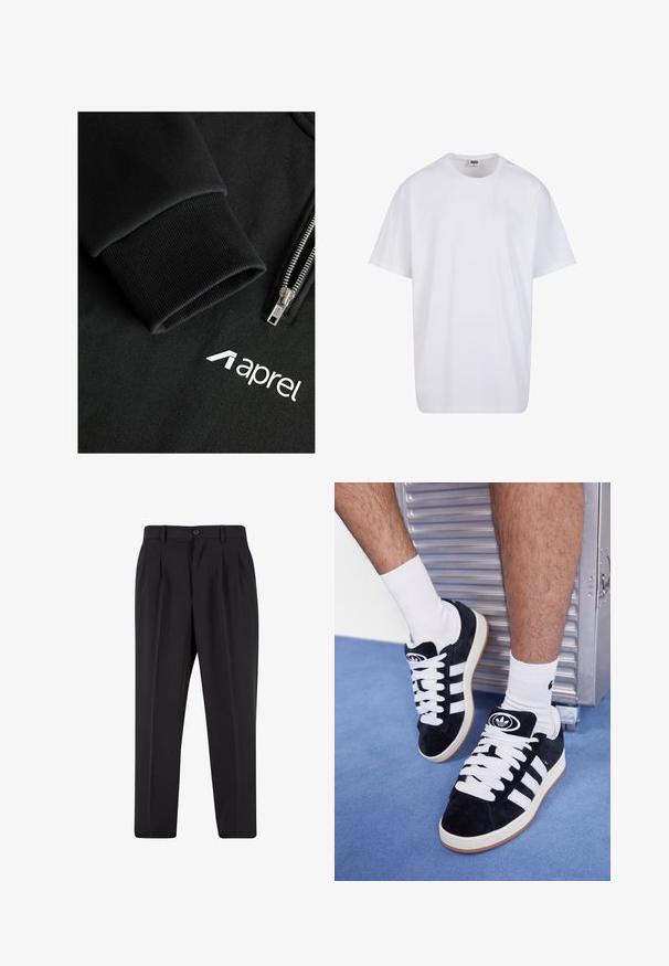 Black zippered hoodie featuring a smooth, textured fabric, ribbed cuffs, and a white logo "aprel" on the chest area.; White cotton t-shirt with short sleeves, rounded neckline, relaxed fit, and no visible logos or patterns. Smooth texture and minimal design.; Black trousers with a pleated front design, made from smooth fabric. Features a button closure and belt loops; straight-leg fit.; Black suede sneakers with white laces and three white stripes. Features a circular black logo on the tongue and a gum rubber sole.