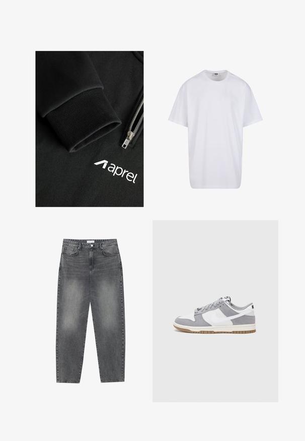 Schwarzer Hoodie mit Reißverschluss aus glattem, strukturiertem Stoff, mit gerippten Bündchen und weißem "aprel"-Logo auf der Brust.; Weiße Baumwoll-T-Shirt mit kurzen Ärmeln, rundem Ausschnitt, lockerer Passform und ohne sichtbare Logos oder Muster. Glatte Textur und minimalistisches Design.; Hoch taillierte, locker sitzende Jeans aus verwaschenem schwarzem Denim. Verfügt über fünf Taschen, Gürtelschlaufen und ein sauberes, gerades Bein-Design.; Graue und weiße Sneaker mit einem Obermaterial aus Wildleder und Leder, abgerundeter Spitze, flachen Schnürsenkeln und einer Gummisohle mit einem Kautschukakzent.