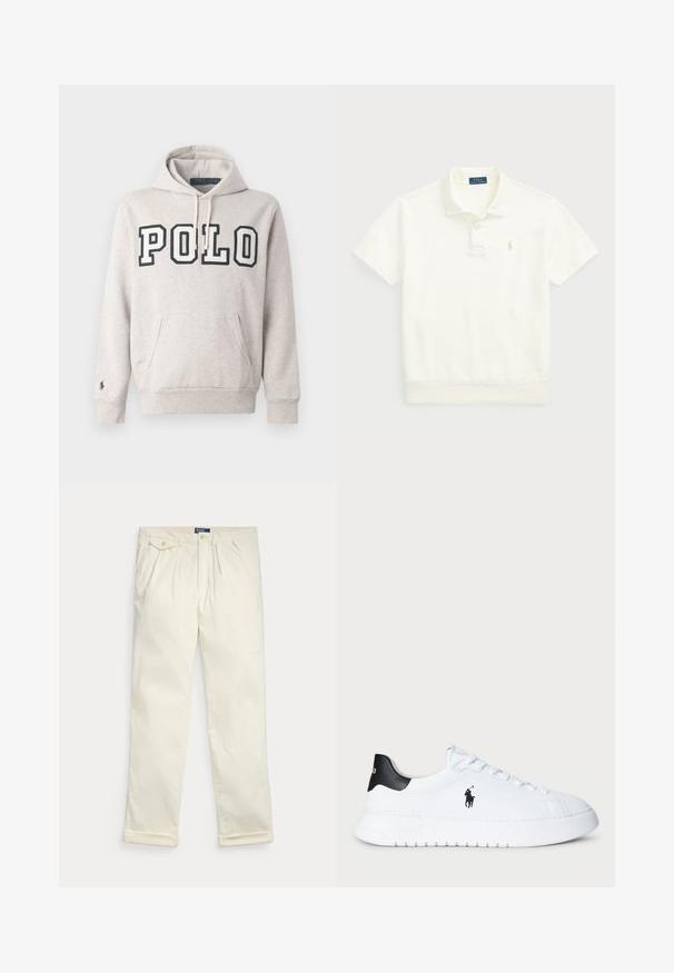 Lys grå hettegenser laget av en bomullsblanding, med lomme foran, snorhette og "POLO" i mørkeblå bokstaver over brystet.; Polo Ralph Lauren LOOPBACK FLEECE POLO-COLLAR SWEATSHIRT - Poloskjorter - clubhouse cream; Kremfargede kordfløyelsbukser med folder, sidelommer, knapplomme med klaff og brettede mansjetter, lagt flatt på hvit bakgrunn.; Hvit lavt beskåret sneaker med svart hælflik og svart Polo Ralph Lauren-logo på siden, med hvite lisser og tykk gummisåle.