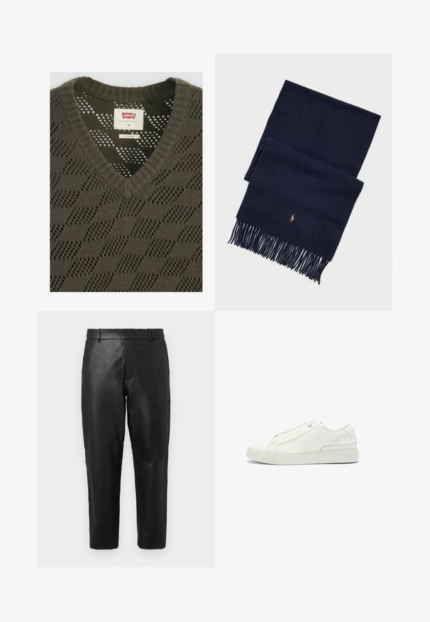 Tummanoliivinvihreä neulepaita, jossa on V-pääntie, teksturoitu timanttikuosi ja Levi's-tunnus pääntien sisäpuolella.; Mustat nahkasuorat lahkeet, joissa on vyölenkit ja sivutaskut, esitettynä yksinkertaisen vaalean taustan edessä.; Valkoinen nahkakenkä, jossa on teksturoitu yläosa, pyöreä kärki, minimalistinen muotoilu ja kumipohja, jossa on ommeltu yksityiskohta.; Tummansininen villahuivi, jossa on hapsureunat ja pieni, brodeerattu logo ratsastajasta. Pehmeä rakenne, suorakaiteen muotoinen.