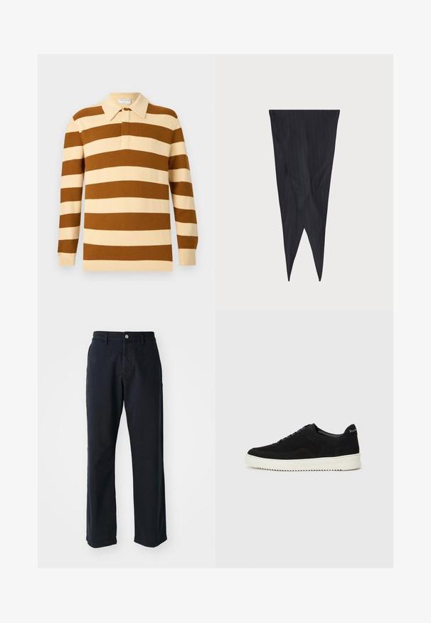 Gestreiftes Langarm-Polohemd in Braun und Creme mit klassischem Kragen und gerippten Bündchen, aus strukturiertem Strickstoff gefertigt.; Marineblaue Baumwollhose im geraden Schnitt, mit einem Frontknopfverschluss und zwei Seitentaschen. Glatte Textur, keine sichtbaren Muster.; Schwarze Wildleder-Sneaker mit Schnürdesign und kontrastierender weißer Gummisohle. Verfügt über strukturierte Seitenpaneele und dezentes Branding an der Ferse.; Marineblau gestrefter Stoff, taillierter Schnitt, längliche Form mit spitzen Enden, glatte Textur mit vertikalen Streifen, keine sichtbaren Beschläge.