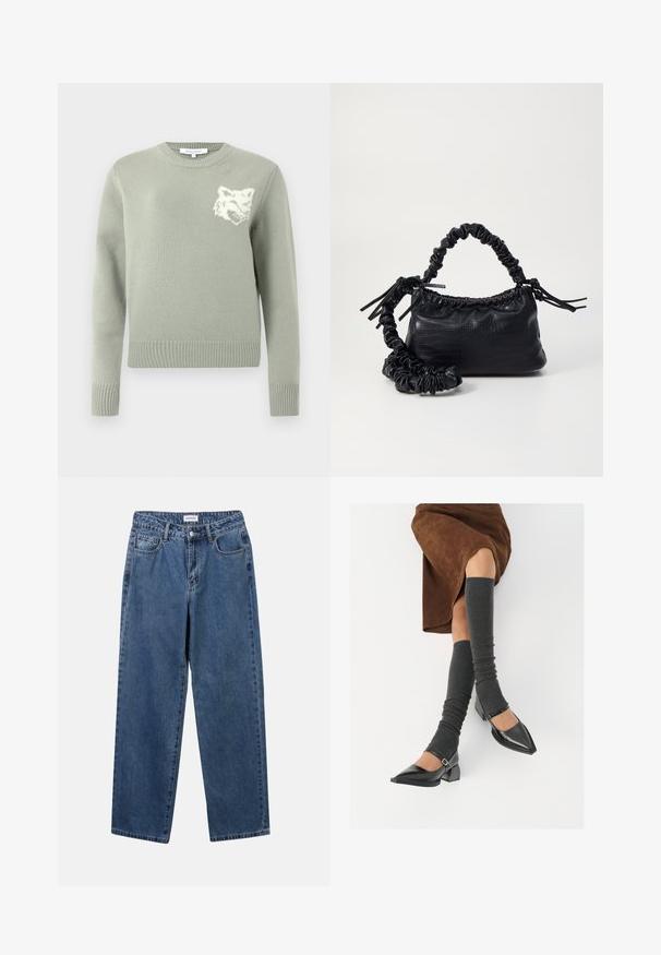 Világos zöld kötött pulóver kerek nyakkivágással, bordás mandzsettákkal és aljjal, fehér farkas grafikával a mellrészen. Puha tapintás.; Klasszikus kék farmernadrág egyenes szárú dizájnal, öt zsebbel és gombos zárással. Közepes mosású és strapabíró textúrával rendelkezik.; Fekete lakk bőrből készült, hegyes orrú cipők, tömbsarkúakkal és bokapánttal, szürke bordás lábszármelegítőkkel és barna velúr szoknyával párosítva.; Fekete műbőr kézi táska krokodil bőr textúrával, összehúzható tetejű és gyűrt pánttal. Lágy és kompakt dizájnúnak tűnik.