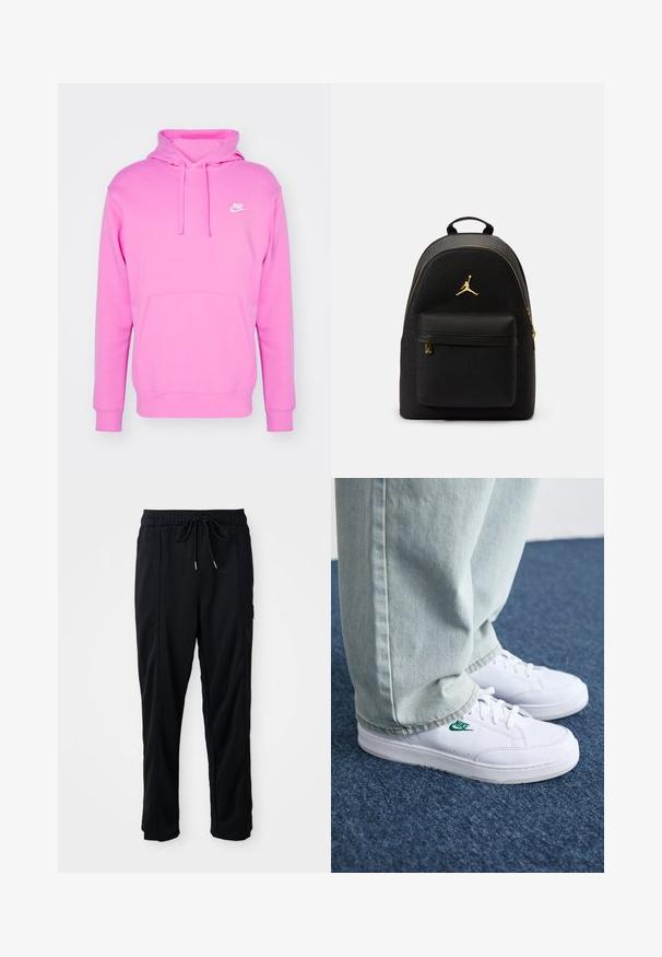 Nike Sportswear SPORTSWEAR CLUB FLEECE - Sweatshirt com capuz - playful pink; Calças casuais pretas com cordão na cintura, com bolsos laterais e corte reto, sobre um fundo simples.; Tênis de couro brancos com logo verde da Nike, bico redondo, sola plana, combinados com calças de denim azul claro, exibidos sobre um tapete azul.; Mochila preta com acabamento texturizado, logótipos em relevo, fecho dourado e um bolso frontal. Topo curvo e alças ajustáveis.