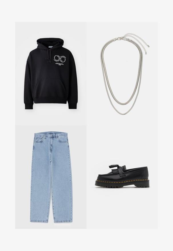 Felpa nera in cotone misto, con tasca frontale, cappuccio regolabile e una stampa grafica bianca sul petto.; Jeans in denim azzurro chiaro con design a gamba dritta, caratterizzati da una vita media, cinque tasche e chiusura con bottone e zip.; Mocassino in pelle nera con un'accento a frange, dotato di una suola nera spessa e cuciture gialle lungo il bordo. Finitura testurizzata.; Collana in metallo argentato a tre strati caratterizzata da catene sottili e flessibili con una leggera lucentezza, fissata con un gancio a molla e una catena regolabile.