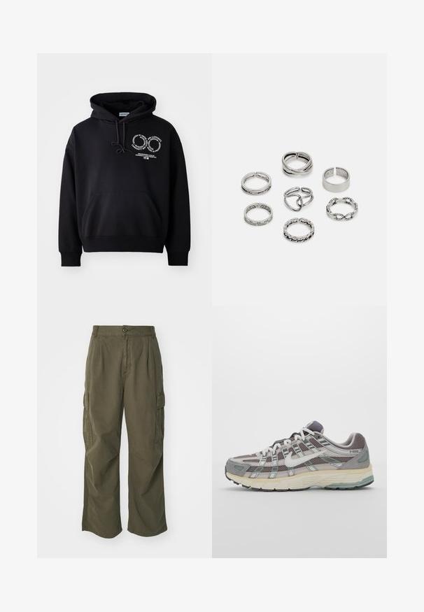 Schwarzer Hoodie aus Baumwollmischung, mit einer Fronttasche, Kapuze mit Kordelzug und weißem Grafiktextdesign auf der Brust.; Cargo-Hosen in Olivgrün, aus Baumwolle, mit weitem Bein, Falten und seitlichen Taschen für Funktionalität.; Grauer Sportschuh mit einem Obermaterial aus Mesh und Wildleder, weißen Akzenten, einer gepolsterten Sohle und einem charakteristischen Design mit reflektierenden Elementen.; Set aus sieben silbernen Ringen mit verschiedenen Designs, einschließlich verdrehter, verbundener und gravierter Muster. Unterschiedliche Formen und Breiten.