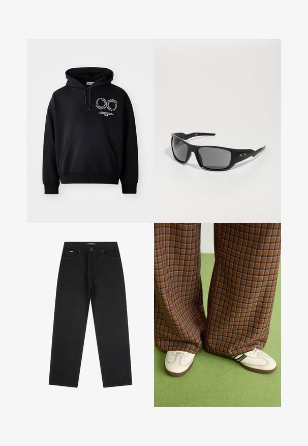 Črna kapuca iz mešanice bombaža, z sprednjo žepom, kapuco z vrvico in belim grafičnim besedilnim dizajnom na prsih.; Črne naravnost rezane kavbojke z gumbom in zadrgo spredaj, z zankami za pas in petimi žepi, položene na belo ozadje.; Rjave in modre kariraste hlače širokih nogavic, v kombinaciji z belimi čevlji, ki imajo črne poudarke in teksturirane podplate, na zeleni podlagi.; Črne sončne očala pravokotne oblike, narejene iz trdne plastike, z sivo toniranimi lečami in zlatim poudarkom ob strani.