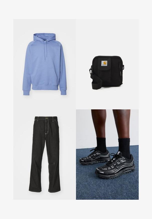 Hea kaelusega sulejopet helesinises toonis, valmistatud puuvillasegusest kangast. Omab eesmist kenguru taskut, soonikuid varrukatel ja lõdvestatud lõiget.; Mustadest denimist püksid, lahtise lõikega, kontrastsete valgete õmblustega, nööbiga kinnitamine ja sirge säär.; Mustad mustad Nike'i jalanõud on varustatud võrkstruktuuriga pealispinna, aktsenttriipude, tekstuuritud paelte ja musta kummist tallaga. Kannan mustade ribakudumiste sokkidega.; Mustmust kott, millel on lukkudega peamine ruum, esikott, reguleeritav rihm ja nähtav logofirma kleebis kaasel.