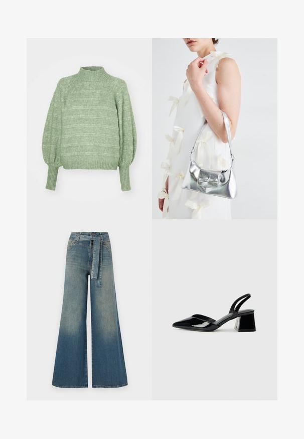 Suéter verde de punto con un alto cuello, mangas largas estilo globo y puños acanalados. Presenta un patrón texturizado de rayas horizontales.; Pantalones de mezclilla de pierna ancha con un degradado de azul claro a oscuro, cintura alta, trabillas para cinturón y un cinturón de tela a juego. Acabado de mezclilla texturizada.; Zapatos de tacón slingback de charol negro con punta afilada y tacón geométrico en bloque. Presentan un diseño elegante y minimalista, así como una textura suave.; Bolso de mano metálico plateado con forma estructurada, que presenta un asa superior y un detalle de lazo en el frente. Textura suave y acabado reflectante.