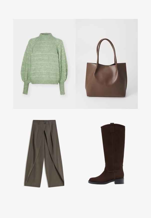 Maglione verde lavorato a maglia con colletto alto, maniche lunghe a palloncino e polsini a costine. Presenta un motivo a righe orizzontali testurizzate.; Pantaloni a gamba larga realizzati in un tessuto testurizzato grigio scuro. Presentano una piega frontale, chiusura con bottone e tasche laterali per praticità.; Stivali al ginocchio in suede marrone con punta arrotondata, cuciture sottili e tacco basso a blocco; presentano un laccio nella parte superiore per una facile calzata.; Borsa tote in pelle marrone con due manici lunghi, forma strutturata, superficie liscia e design minimalista. Nessun hardware o accento visibile.