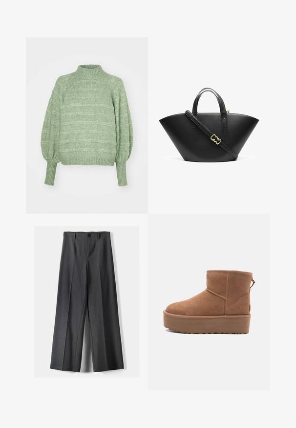 Zeleno pleteno pulover s visokim ovratnikom, dolgimi ballon rokavi in žametnimi manšetami. Ima teksturiran, vodoravni trakasti vzorec.; Hlače širokega kroja v temno sivi tkanini, z gumbnim zapenjanjem, sprednjimi naborki in zankami za pas. Gladka tekstura s prilagojenim dizajnom.; Bela antilopova gležnjača s platformom, okruglim vrhom i dekorativnim šavovima; ima uvučenu petlju straga za lakše oblačenje.; Črna usnjena torba za tote z široko, angularno obliko. Ima dvojne zgornje ročaje in nastavljiv ramenski trak z zlatimi dodatki.