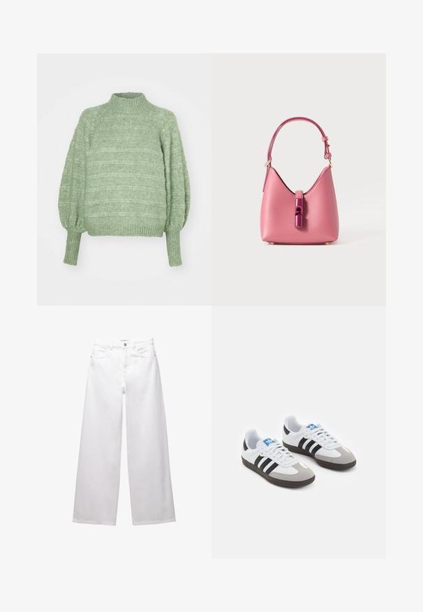 Pulover tricotat verde cu guler înalt, mâneci lungi tip balon și mansete cu model cu striații. Prezintă un model texturat cu dungi orizontale.; Jeans albe cu croi larg, confectionate din denim. Prezintă închidere cu nasture, buzunare frontale și posterioare, și cusături evidente. Textură netedă cu detalii minime.; Încălțăminte sport cu un superior din piele albă, vârf din suede gri și trei dungi negre. Prezintă un logo albastru pe limbă și o talpă din cauciuc texturat.; Geantă de mână din piele roz, cu o formă structurată, având un închizător lucios și o curea ajustabilă simplă. Finisaj texturat cu accesorii aurii.