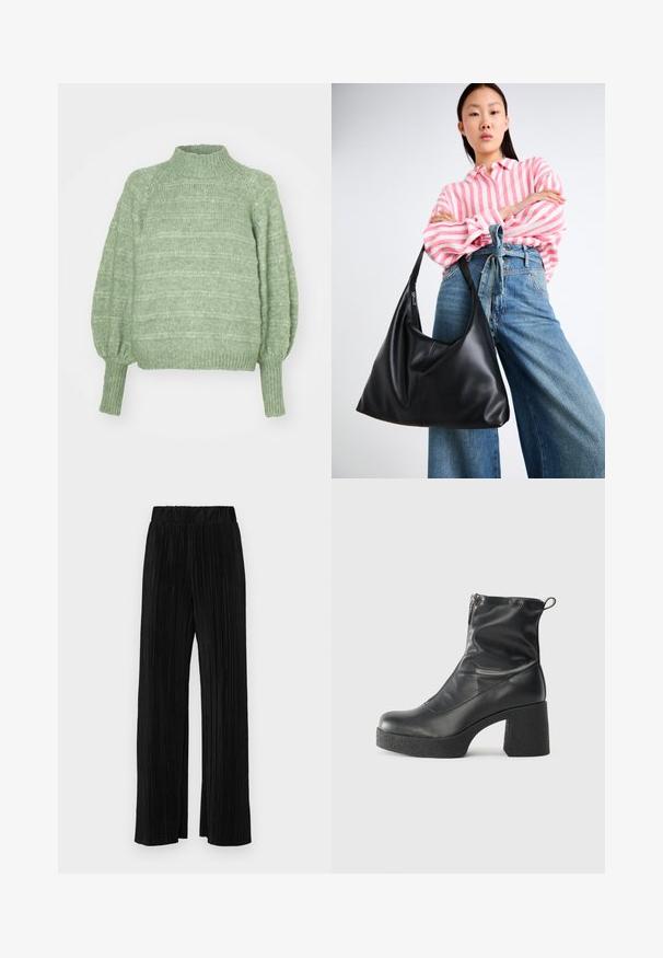 Suéter verde tricotado com um alto colarinho, mangas longas em balão e punhos canelados. Apresenta um padrão de riscas texturizadas em horizontal.; Calças pregueadas pretas com uma cintura elástica. Apresentam pernas largas e um tecido liso, texturizado com riscas verticais.; Botas de tornozelo pretas feitas de couro liso, com fecho lateral, salto grosso texturizado e design de bico arredondado.; Bolsa de ombro em couro preto com uma forma descontraída e detalhes costurados. O modelo usa uma camisa listrada em rosa e branco com jeans de perna larga azul.