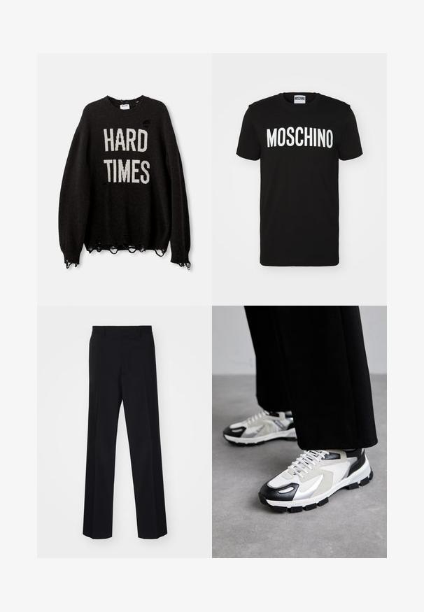 Juodas megztinis su užrašu "HARD TIMES" baltomis raidėmis, su suplyšusia struktūra, skylutėmis ir nusidėvėjusiais kraštais, su banguotomis rankovėmis ir apykakle.; Juodas medvilnės marškinėliai su ryškiu baltu "MOSCHINO" tekstu priekyje; apvalus iškirpimas ir trumpomis rankovėmis. Paprastas dizainas, klasikinis kirpimas.; Juodos prisiūtos kelnes su plačiomis kojomis, turinčios sklandų paviršių ir aštrius raukšles, pagamintas iš audinio.; MOSCHINO UOMO - Sportbačiai - bianco/nero/argento