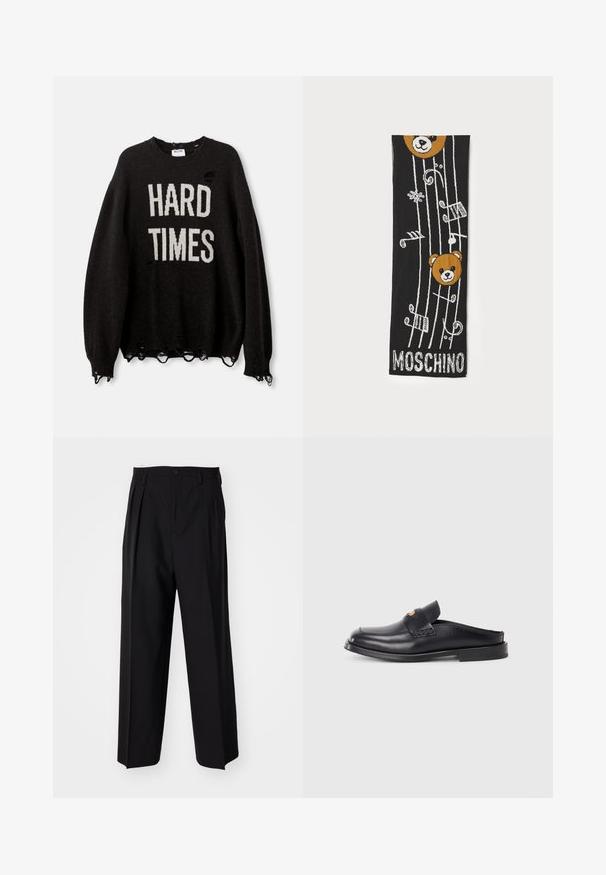 Juodas megztinis su užrašu "HARD TIMES" baltomis raidėmis, su suplyšusia struktūra, skylutėmis ir nusidėvėjusiais kraštais, su banguotomis rankovėmis ir apykakle.; Juodi klostuoti kelnių, su tiesiu, plačiu kojų dizainu. Pagaminti iš lygios medžiagos, su mygtukų uždarymu ir diržo kilputėmis.; Juodos odinės, be raištelių bateliai su apvaliu nosiu, nedideliu kulnu ir audiniu dekoruotu paviršiumi. Išsiskiria minimalistiniu stiliumi ir glotnia tekstūra.; Juodas megztas šalikas su dviem rudais lokių galvomis, muzikinėmis natomis ir „MOSCHINO“ tekstu baltu spalva apačioje. Maloni tekstūra su išsamia dizaino detale.