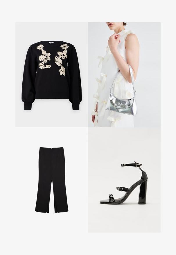 Schwarzer Pullover mit langen, gepufften Ärmeln und Rundhalsausschnitt. Mit beigen gestickten abstrakten Designs auf der Vorderseite. Weicher, strukturiert Stoff.; Schwarze Hose mit geradem Schnitt, ausgestattet mit Fronttaschen und Seitenschlitzen am Saum. Hergestellt aus weichem, glattem Stoff. Geeignet für verschiedene Anlässe.; Schwarze patentierte Sandalen mit Absatz, quadratischer Spitze, Knöchelriemen und silbernen Schnallen. Mit einem stabilen Blockabsatz für mehr Stabilität.; Silberne metallische Handtasche mit strukturierter Form, ausgestattet mit einem oberen Griff und einer Schleifenapplikation auf der Vorderseite. Glatte Textur, reflektierendes Finish.
