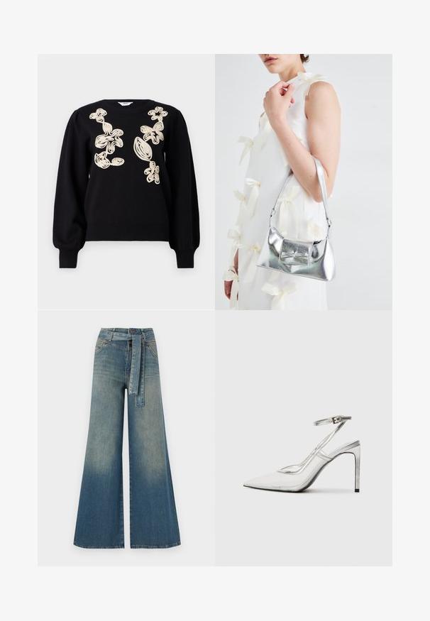 Mustan värvi kampsun on pikad volangvarrukad ja ümmargune kaelus. Ees on beežid brodeeritud abstraktsed mustrid. Pehme ja tekstuuriga materjal.; Laiad denimpüksid, millel on hele tume sinine gradiendiefekt, kõrge vöökoht, vöökumlid ja sobivast kangast vöö. Struktureeritud denimi viimistlus.; Selge stiletto-kontsaga king, terava varbaga, läbipaistvast materjalist, metalsete hõbedaste detailidega ja reguleeritava pahkluu rihmaga.; Hõbedane metallik käekott struktureeritud kujuga, millel on ülemine sang ja ettepoole suunatud paeladetail. Sile tekstuur, peegeldav viimistlus.